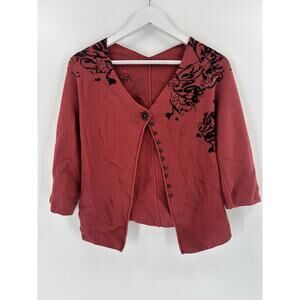 Nic + Zoe Cardigan Sweater Womens Medium Red Buttons Open Floral Knit V Neck